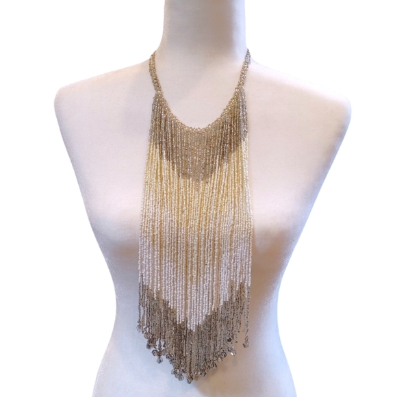 Chico's Jewelry - Chico's Beaded Fringe Beige Gold Large Bib Statement Necklace Fashion Jewelry